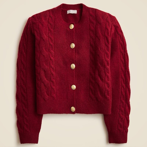 J. Crew Cable Knit Cardigan Medium 2024 red burgundy button sweater wool CE688 - Picture 1 of 13